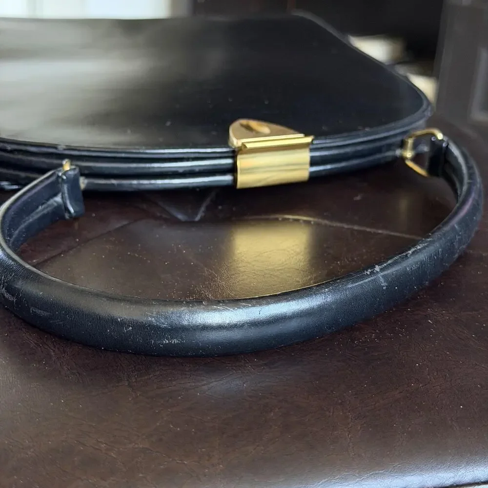 Leather Top Handle Bag Womens Medium Black Gold Hardware Formal Evening Purse